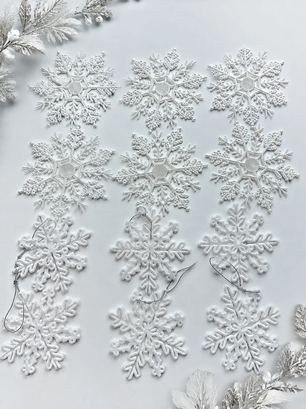 Lot 12 Snowflake Christmas Ornaments White Clear & Opaque Glitter Plastic Winter